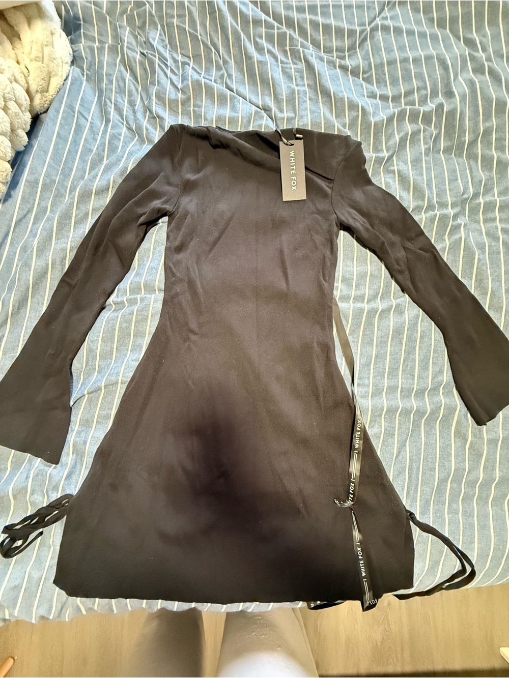 White Fox Boutique Black Long-Sleeve Mini Dress with Side Ties